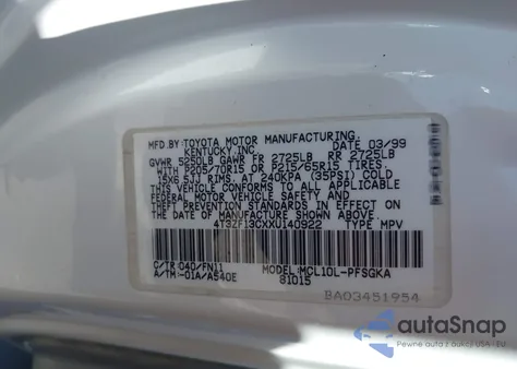 1999 Toyota Sienna Le z USA, uszkodzony, nr VIN 4T3ZF13CXXU140922